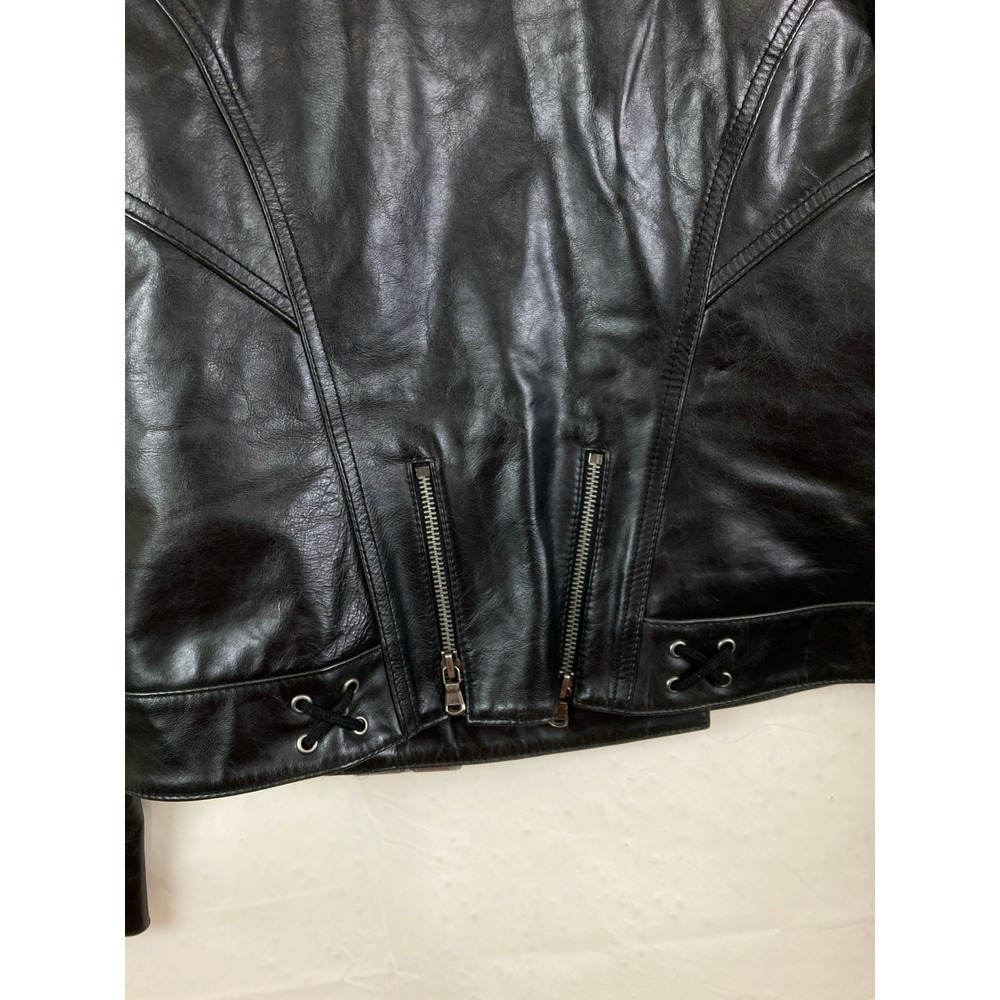 Express Biker Moto Jacket Women L Black Genuine Leather Belted Asymmetrical Y2K - Picture 7 of 8